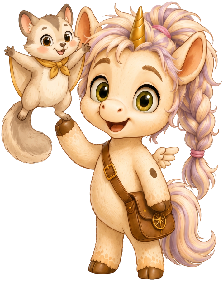Auri the unicorn smiling and waving, with Flummy the flying squirrel gliding happily beside her