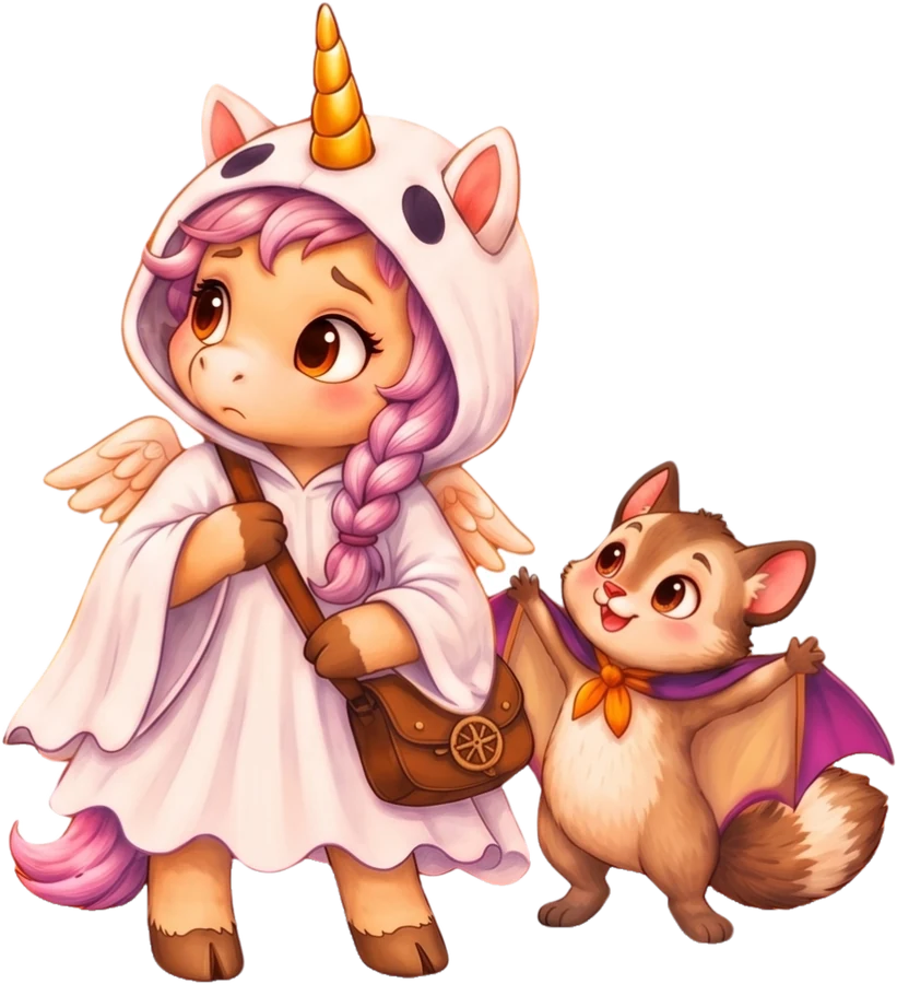 Auri the unicorn in a little ghost costume, a bit unsure, with Flummy the flying squirrel dressed as a bat cheering her on